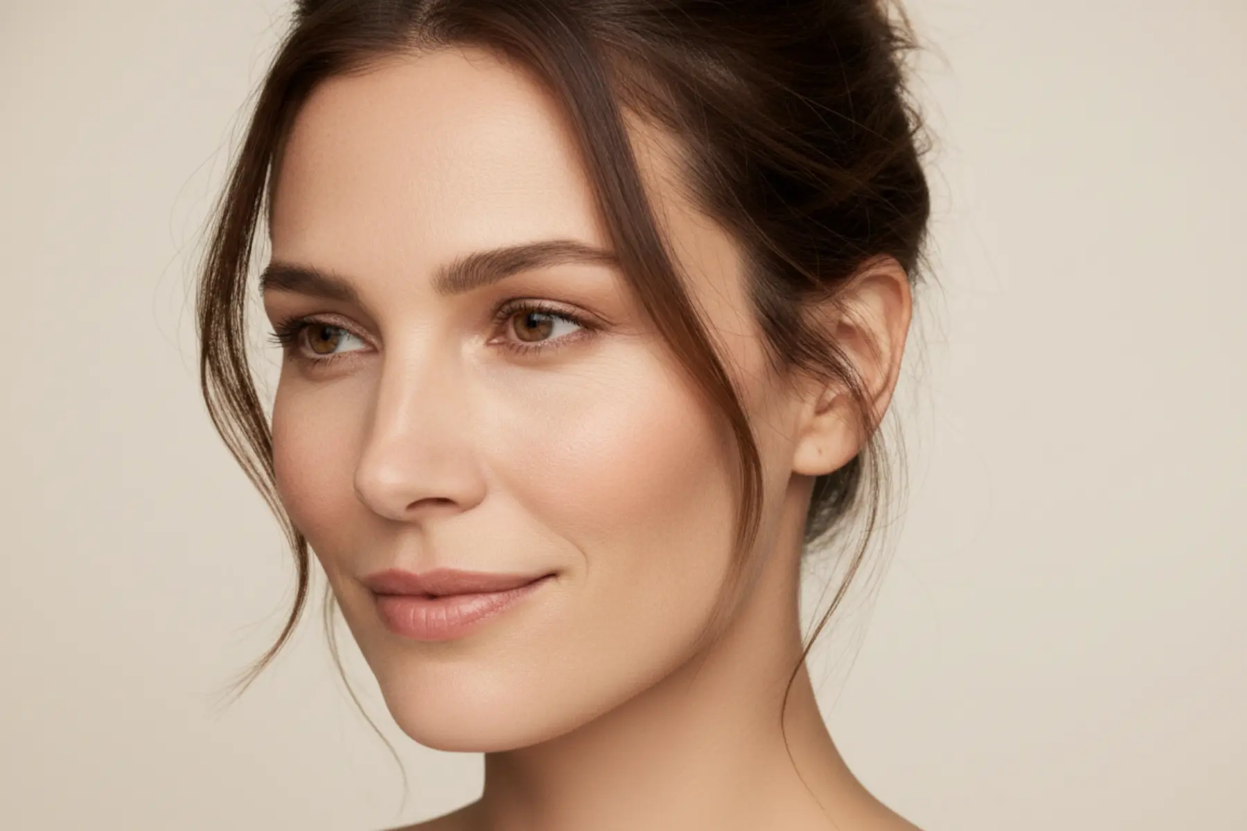 Retrouver un teint lumineux : les clés d'une peau rayonnante après 40 ans 1 Femme de 42 ans avec un teint lumineux et un sourire discret, éclairage latéral doux
