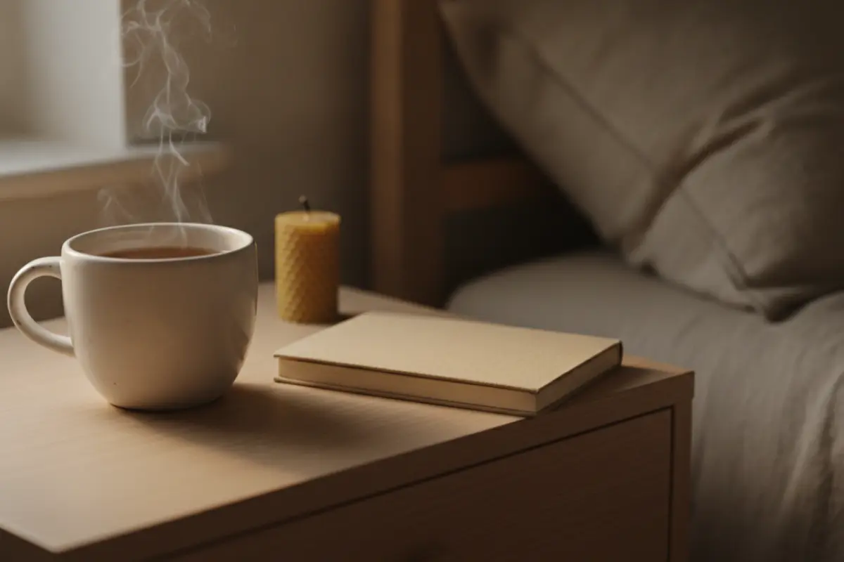 Tasse de tisane, livre fermé et bougie éteinte sur table de chevet en bois, rituel du soir.