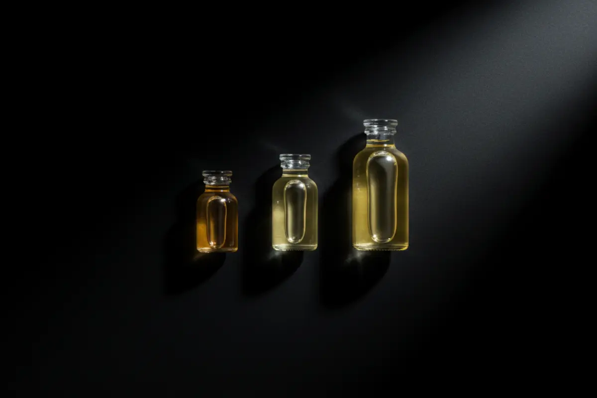 Trois flacons d’huile végétale alignés sur fond noir profond : jojoba, rose musquée, amande douce. Lumière directionnelle.