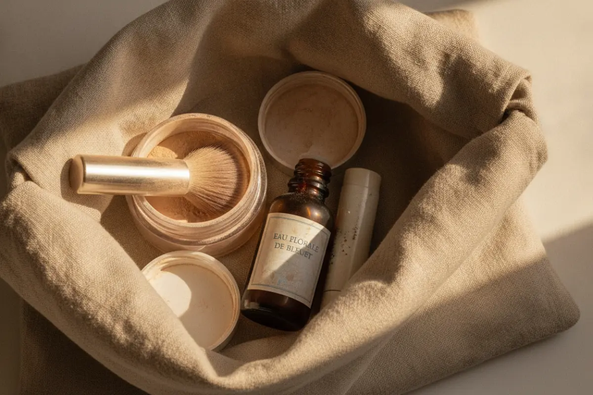 Trousse ouverte avec fond de teint minéral, eau florale de bleuet et baume à lèvres pour maquillage naturel