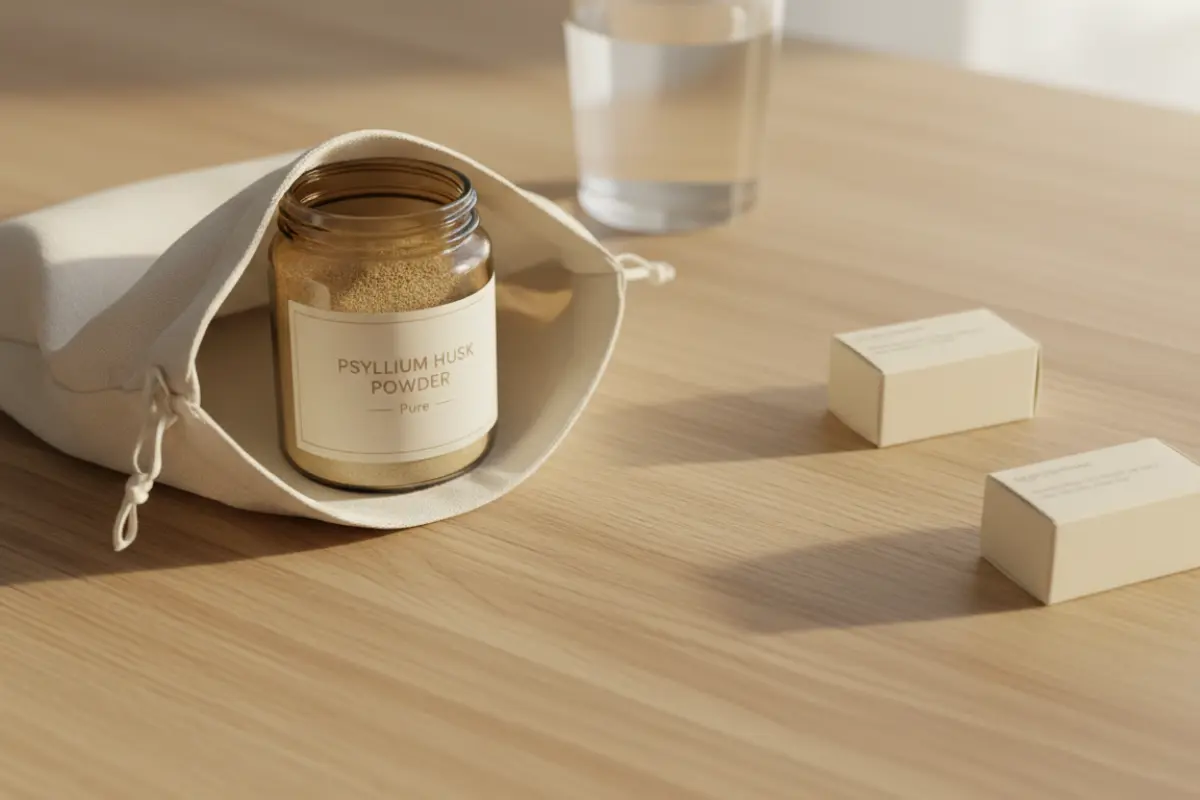 Trousse de pharmacie ouverte avec un flacon de psyllium blond à côté de boîtes de médicaments, espacés délibérément.