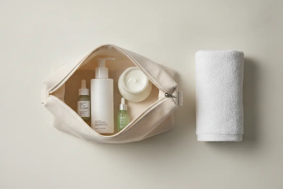 Trousse de toilette ouverte avec gel lavant pH neutre, pot de crème riche et flacon d’aloe vera sur serviette blanche
