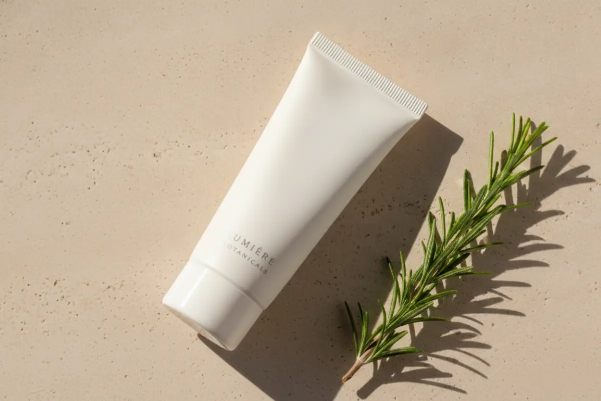 L’excellence cutanée au milieu de la vie : l’art de choisir sa crème entre science et pureté 2 Tube de crème de jour anti-âge posé sur une pierre claire à côté d’une branche de romarin, ombre douce.