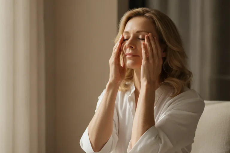 Femme blonde la quarantaine pratiquant le palming, les mains sur les yeux, assise dans une véranda baignée de lumière.
