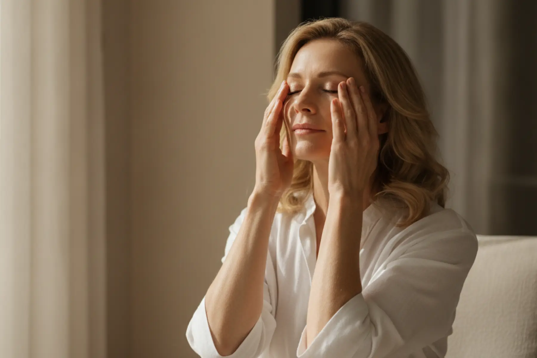Femme blonde la quarantaine pratiquant le palming, les mains sur les yeux, assise dans une véranda baignée de lumière.
