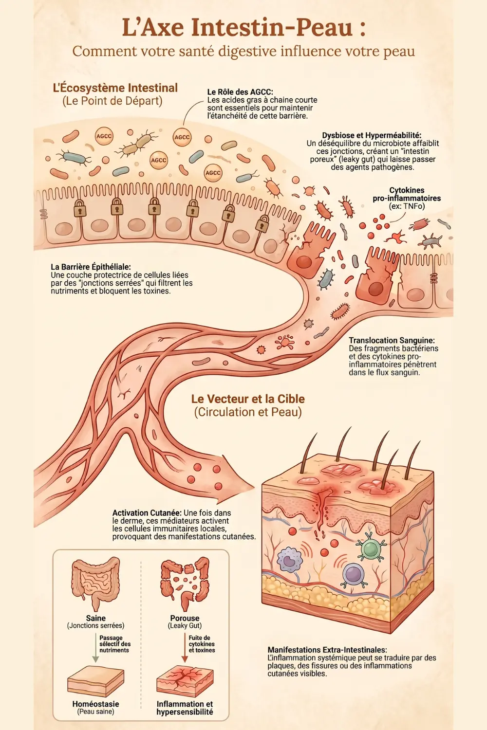 Schéma minimaliste illustrant les connexions entre la muqueuse intestinale, les vaisseaux sanguins et l'épiderme - inflammation intestinale