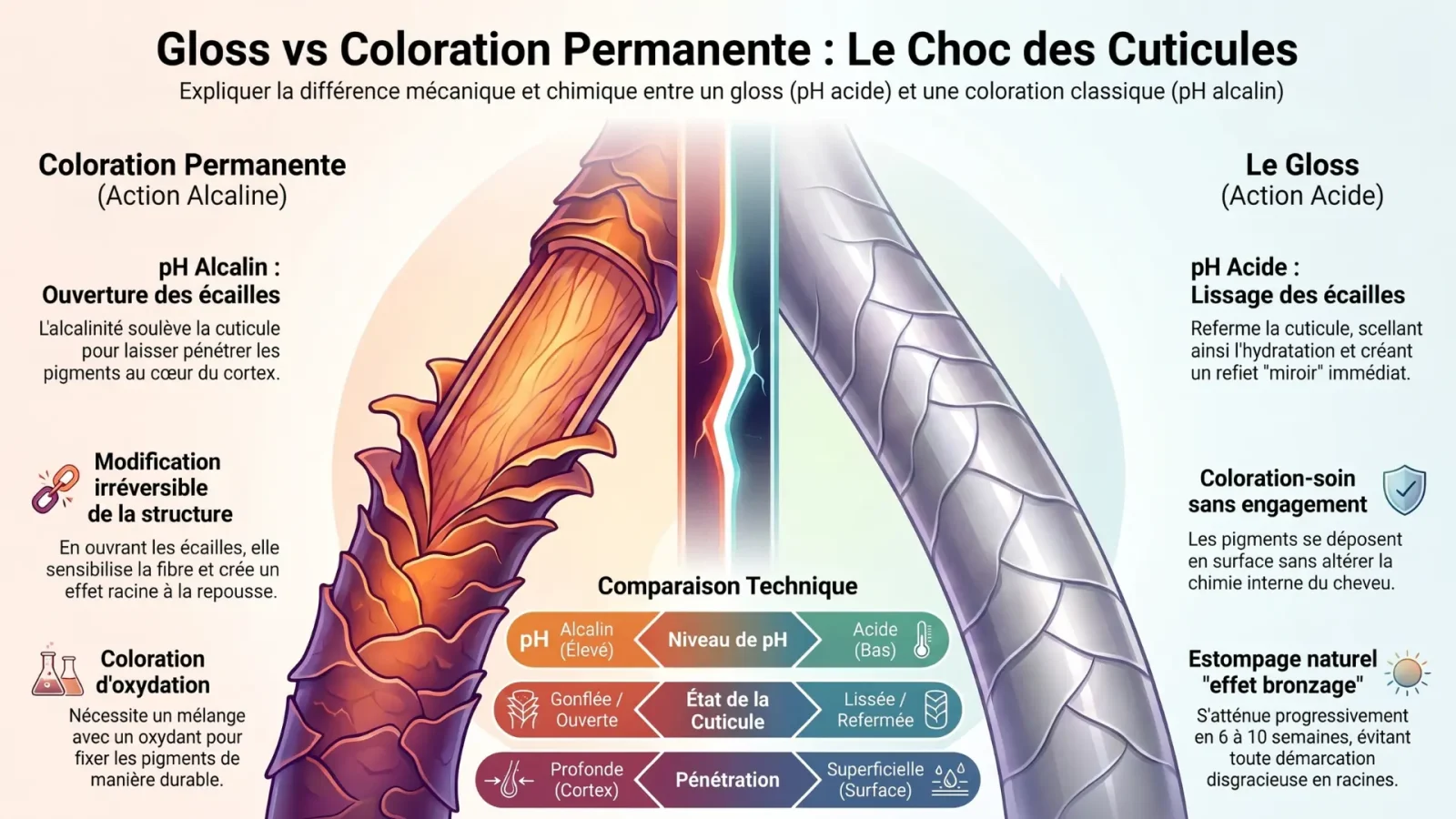 Illustration technique comparant une cuticule lissée par gloss et une cuticule gonflée par coloration