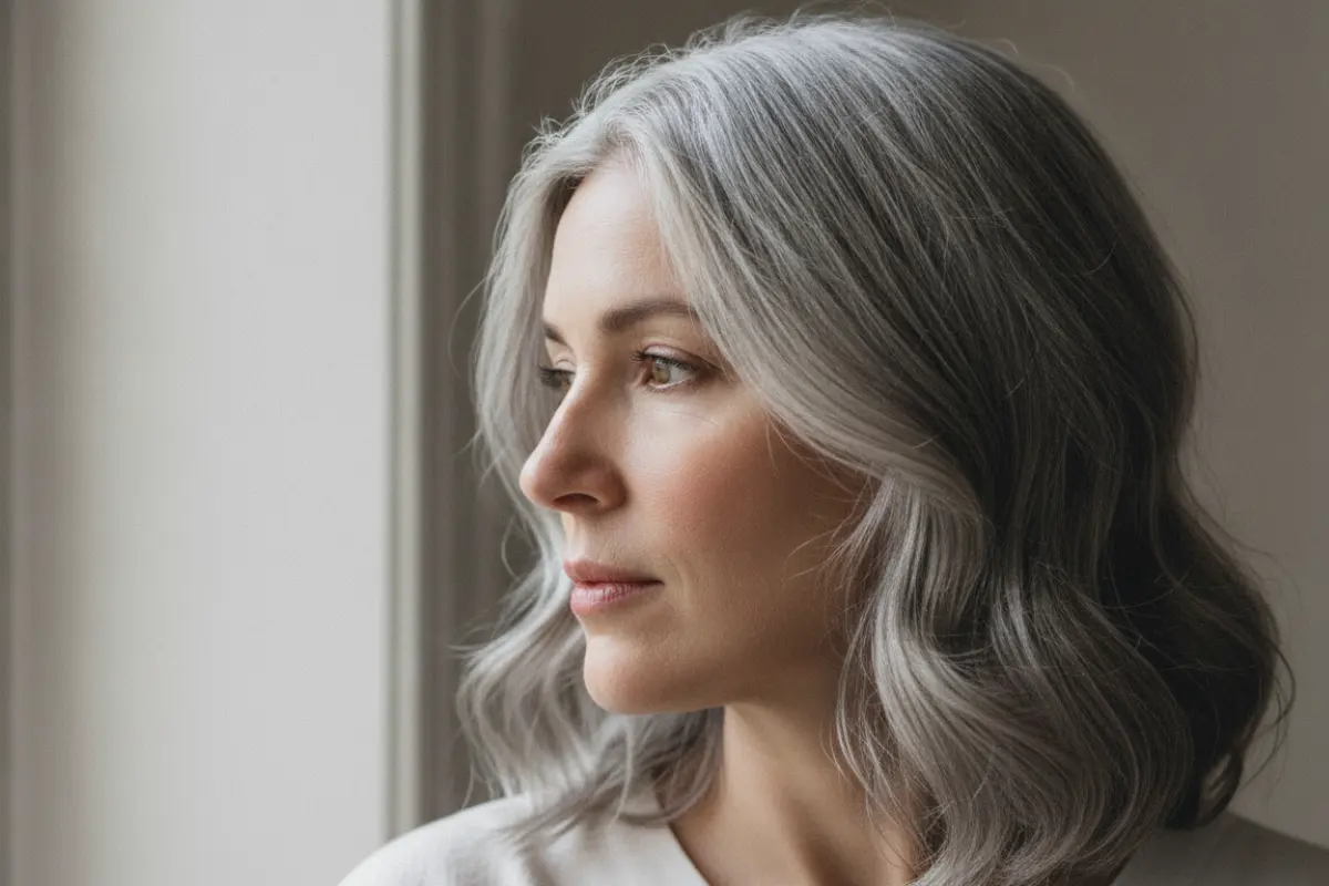 Femme de 45 ans profil, cheveux poivre et sel aux reflets argentés lumineux après gloss transparent