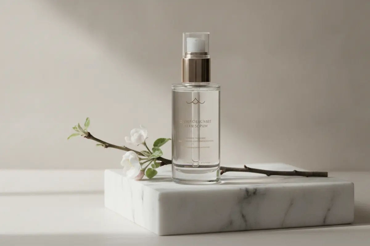 Flacon de gloss capillaire transparent posé sur marbre blanc avec une branche de pommier en fleur