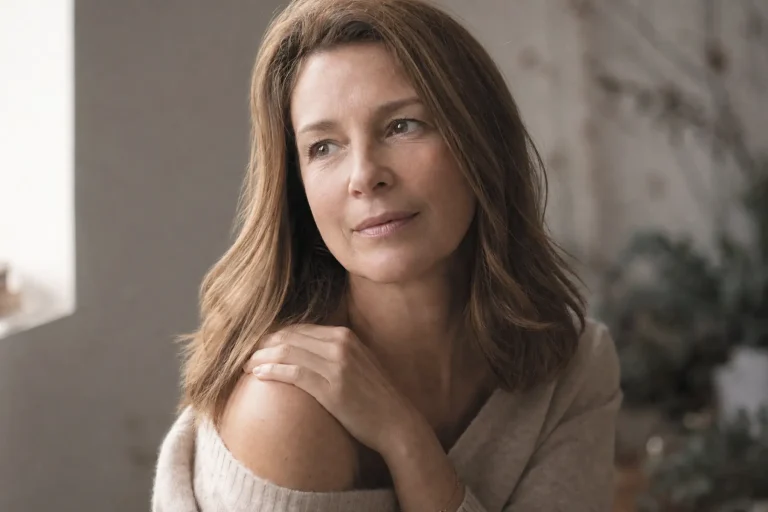 Gloss cheveux, le soin couleur qui sublime sans jamais abîmer 3 Femme de 45 ans aux cheveux mi-longs châtain clair, brillance naturelle après gloss capillaire, lumière rasante douce