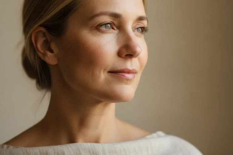 Votre visage vous en veut : comprendre l'axe intestin-peau pour apaiser les rougeurs 4 Portrait macro d'une femme d'une cinquantaine d'années, peau naturelle, lumière douce sculpturale, expression sereine, axe intestin-peau