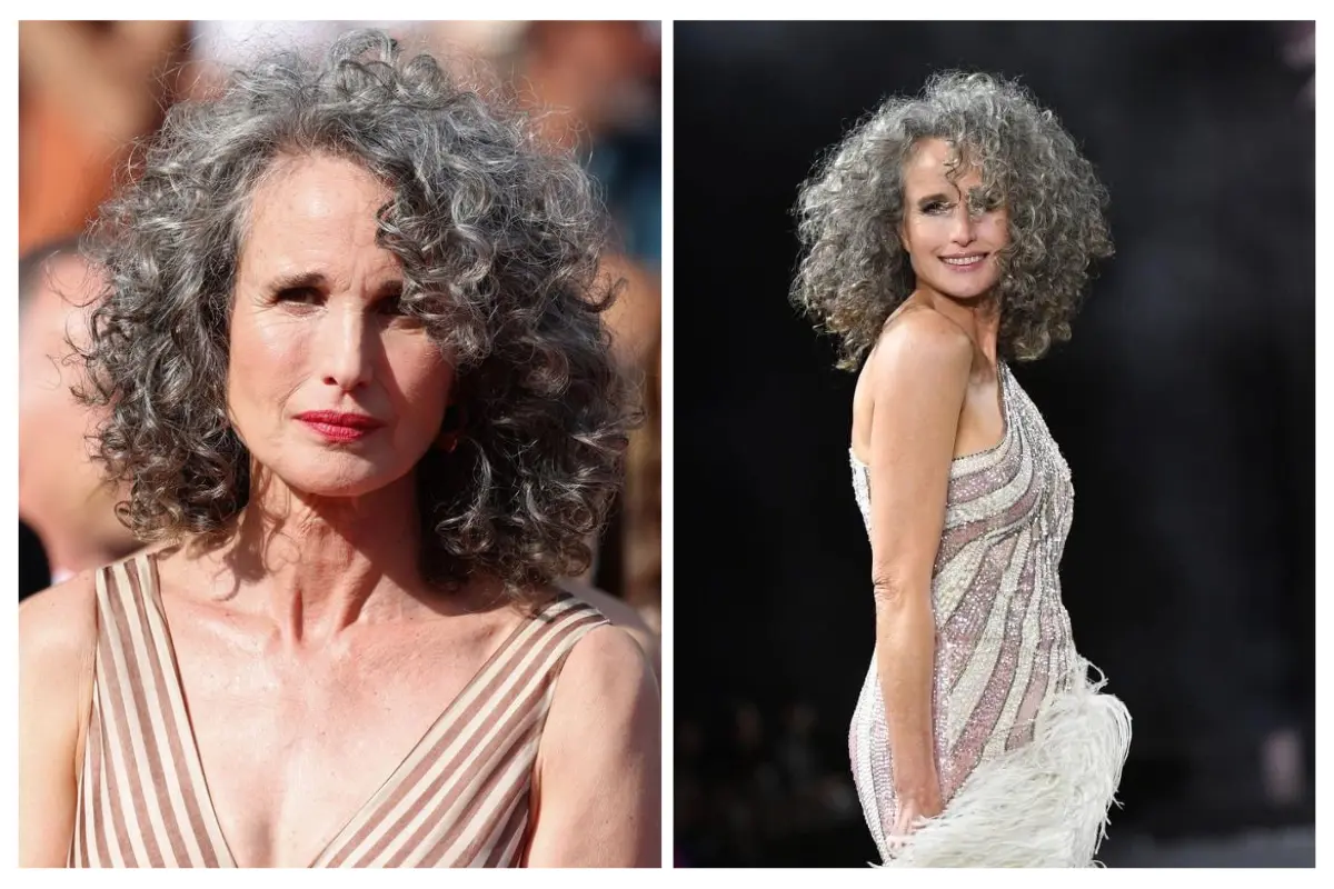 Actrice Andie MacDowell arborant une chevelure bouclée grise et argentée sur le tapis rouge, illustrant la tendance du going grey.