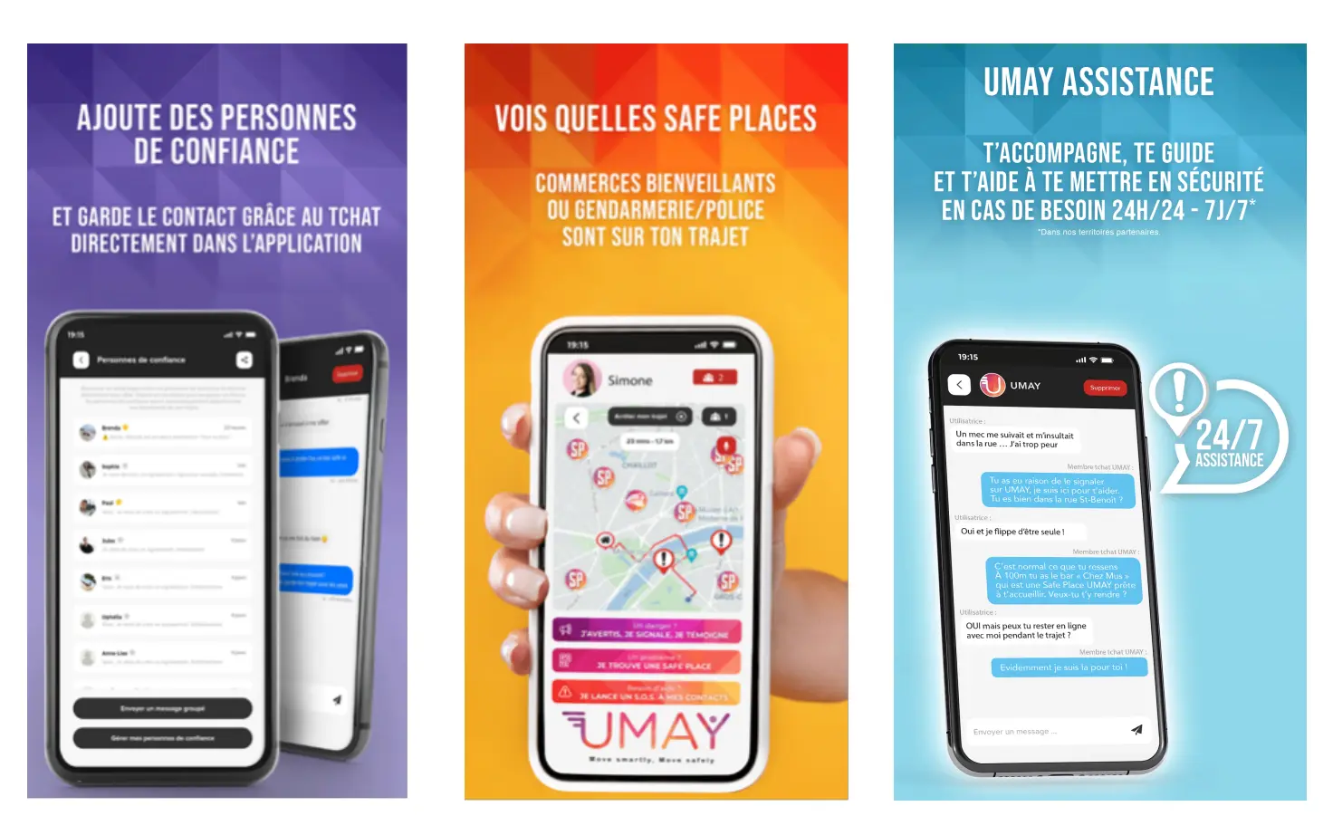 Femme utilisant l'application UMAY sur son smartphone pour se déplacer en sécurité. Safe Places et trajet partagé.