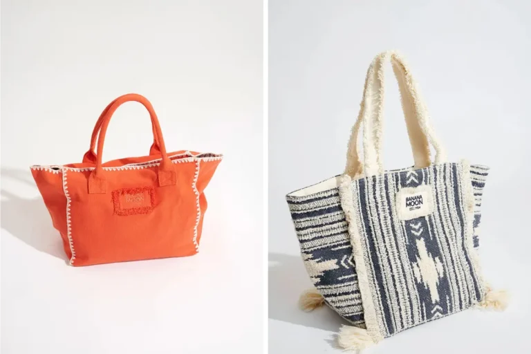 Sac de plage Banana Moon : notre sélection des modèles pour transporter votre maillot de bain 1 Montage de plusieurs sacs Banana Moon : cabas en raphia noir, cabas motif rose et blanc, et autres modèles de la collection été