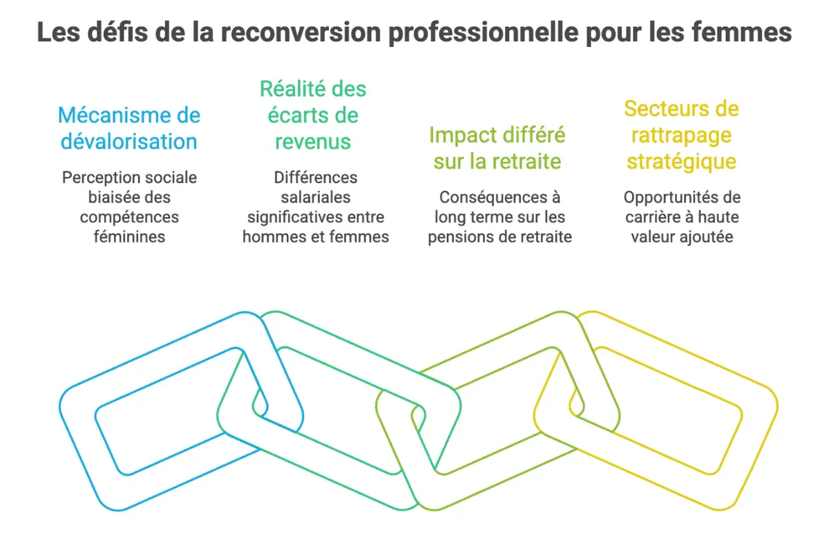Métiers de femmes : les filières qui payent vraiment après 45 ans 2 Infographie intitulée Les défis de la reconversion professionnelle pour les femmes détaillant quatre maillons interconnectés : le mécanisme de dévalorisation via la perception sociale biaisée, la réalité des écarts de revenus, l'impact différé sur les pensions de retraite et les opportunités dans les secteurs de rattrapage stratégique à haute valeur ajoutée.