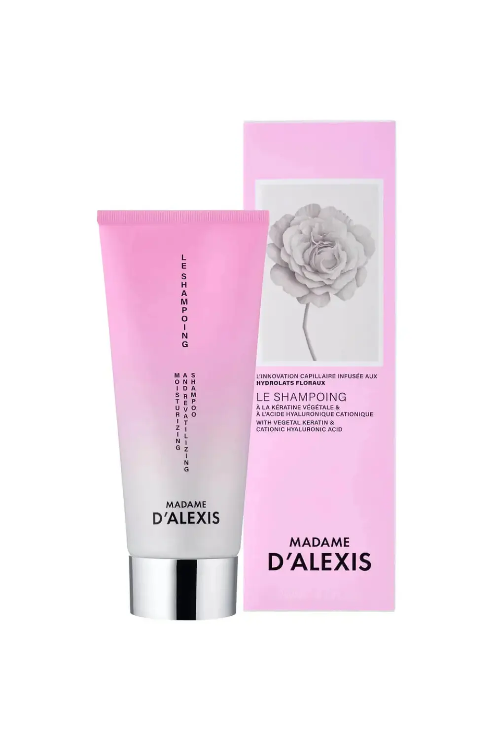 Perte de densité et cheveux fins : coupe, soins et gestes qui redonnent du volume 5 Shampoing floral hydratant Madame d'Alexis à la kératine végétale et à l'acide hyaluronique cationique, soin cheveux fins sans sulfates ni silicones