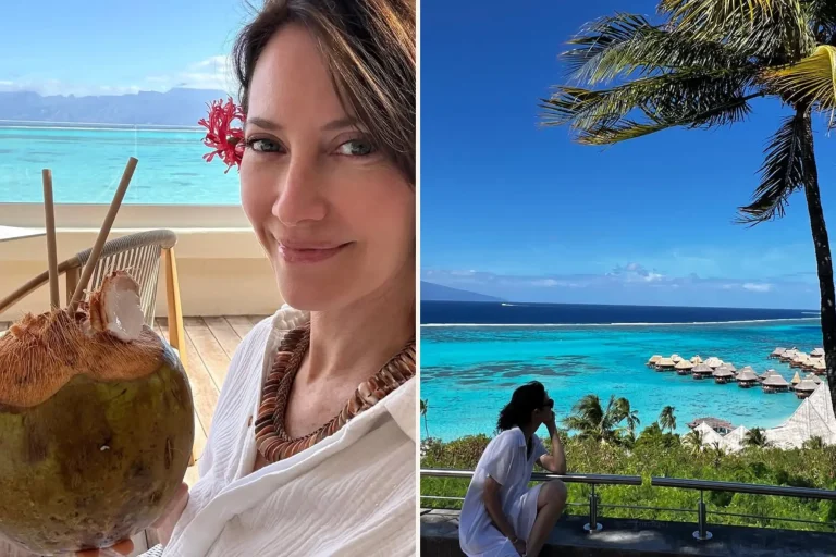 Photos de vacances en Polynésie de Mareva Galanter : selfie avec noix de coco à gauche, et vue panoramique sur un lagon bleu avec bungalows sur pilotis à droite.