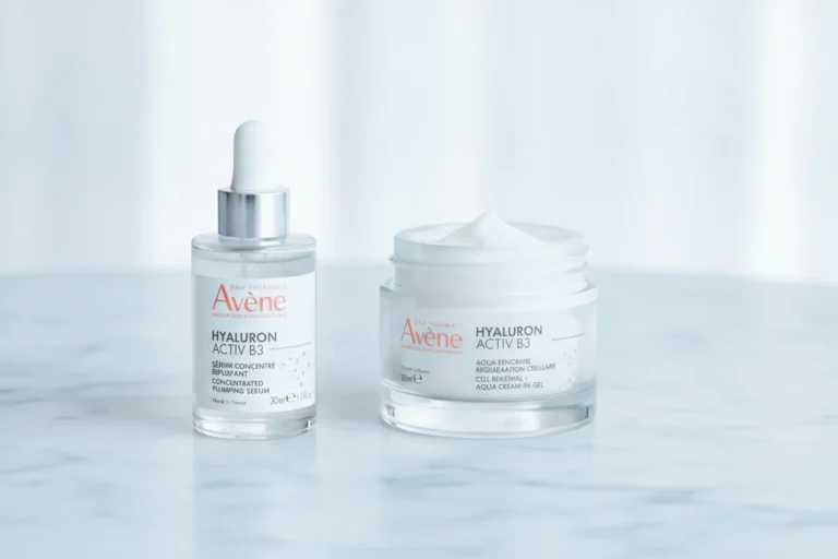 Avène Hyaluron Activ Procedure : test du rétinal sur peau mature 2 Tube blanc de crème anti-âge Avène Hyaluron Activ Procedure posé sur du marbre sous une lumière naturelle