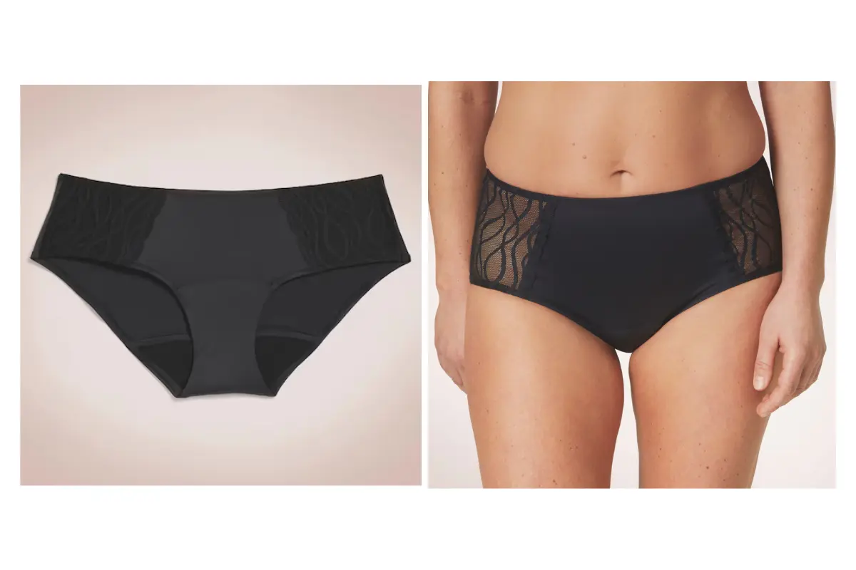 Culotte TENA Silhouette taille haute, noire, en tissu doux et dentelle, présentée de face sur fond neutre.