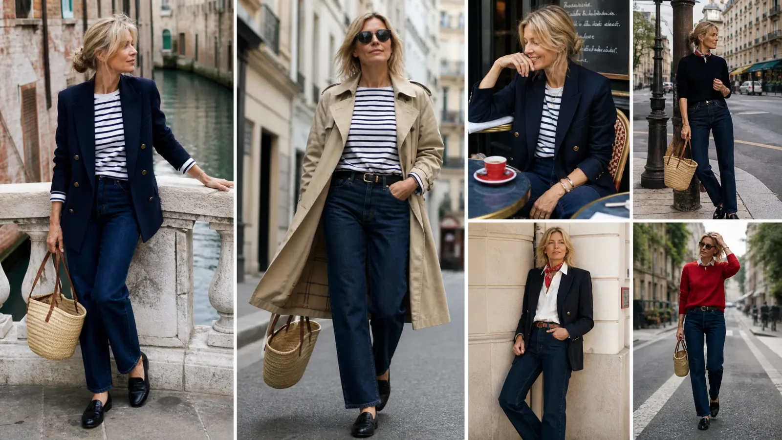 Planche de six photos présentant des tenues chic et décontractées avec blazer marine, trench beige, marinière et jean brut.