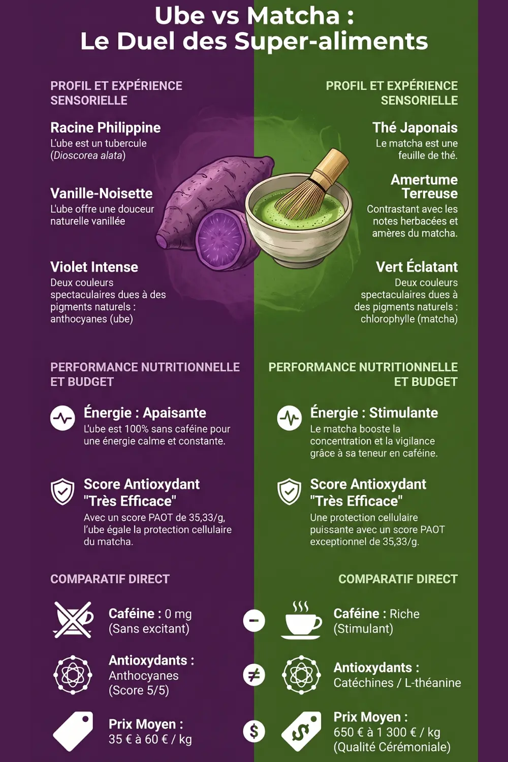 Bien-être : quel est ce superaliment pourpre et sans caféine qui détrône le matcha ? 2 Tableau comparatif entre l'ube violet et le matcha vert avec pictogrammes