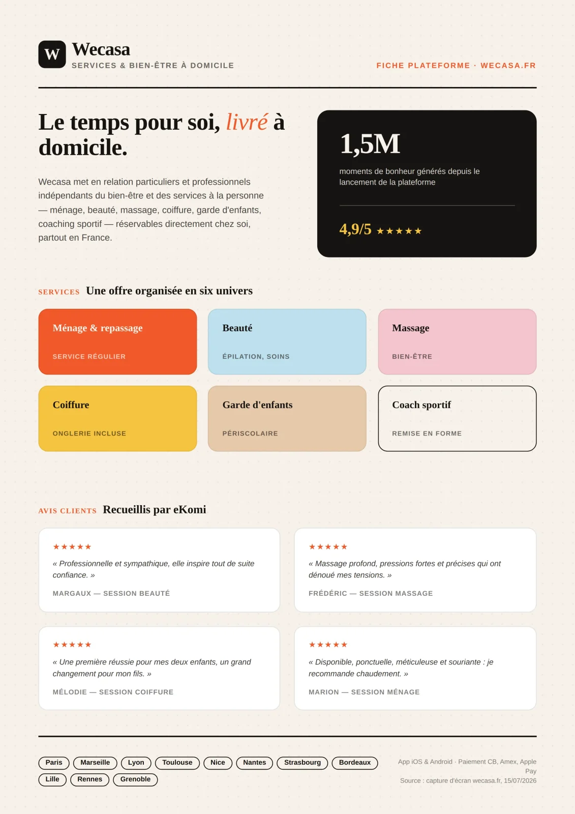 Wecasa, plateforme de services à domicile : ménage, beauté, massage, coiffure, garde d'enfants pour externaliser les tâches et alléger la charge mentale