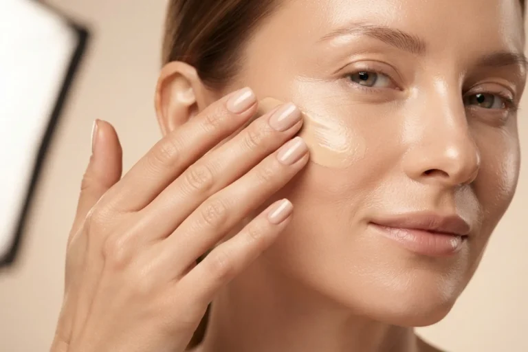Maquillage après 40 ans : ces trois textures remplacent votre fond de teint mat 5 Mains appliquant un fond de teint fluide au doigt sur le visage, geste d'estompage pour un fini seconde peau