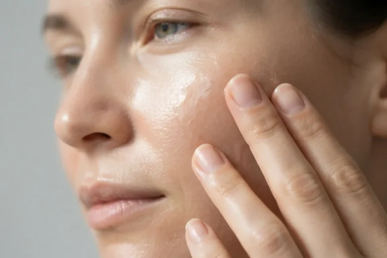 Imperfections de la peau - Application délicate d'un sérum sur une joue, peau lumineuse, soin visage texture aqueuse, plan macro beauté