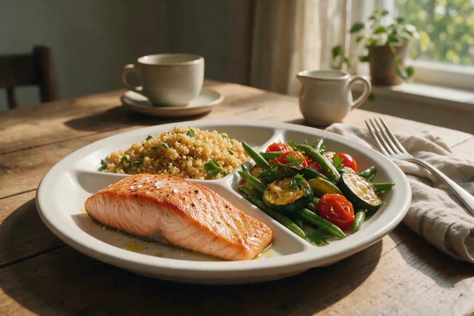 Assiette équilibrée divisée en trois parts : saumon, quinoa et légumes frais, alimentation périménopause