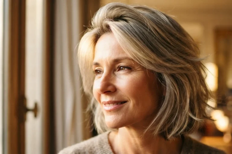 Perte de densité et cheveux fins : coupe, soins et gestes qui redonnent du volume 6 Femme de 50 ans avec une coupe carré soft swing, volume aux racines, lumière naturelle solaire, cheveux blonds cendrés mi-longs