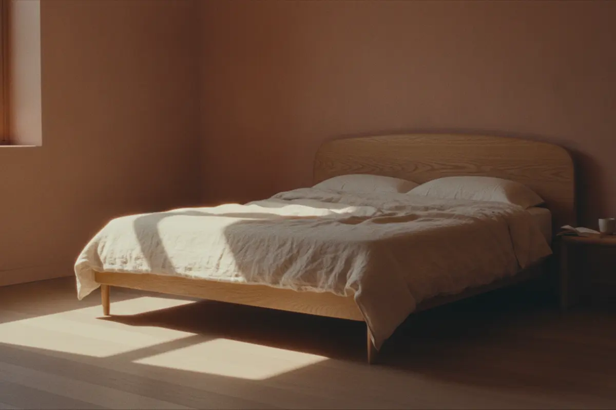 Chambre épurée avec tête de lit incurvée en bois et palette terreuse, lumière dorée d'après-midi — warm minimalism cocooning