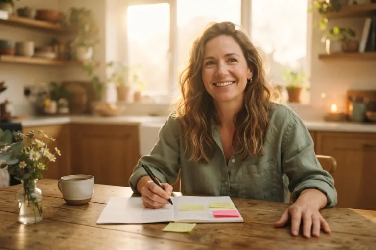 Femme souriante et détendue assise à une table avec une feuille et un stylo, illustrant la méthode de décharge mentale par l'écriture