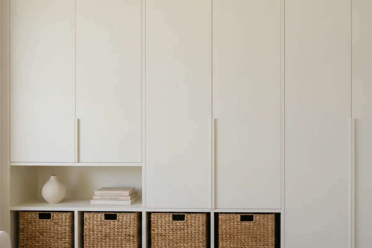 Coin salon organisé avec rangements sans poignées et paniers en jonc de mer, surfaces dégagées et lumineuses — intérieur épuré et fonctionnel