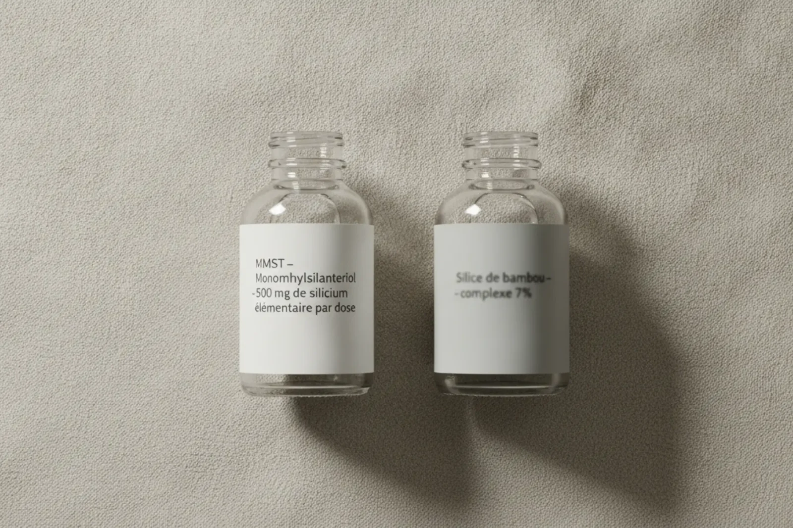 Silicium organique : vérités, nuances et comment faire le bon choix 3 Comparaison côte à côte de deux flacons de silicium : étiquette précise MMST à gauche, étiquette vague silice de bambou à droite