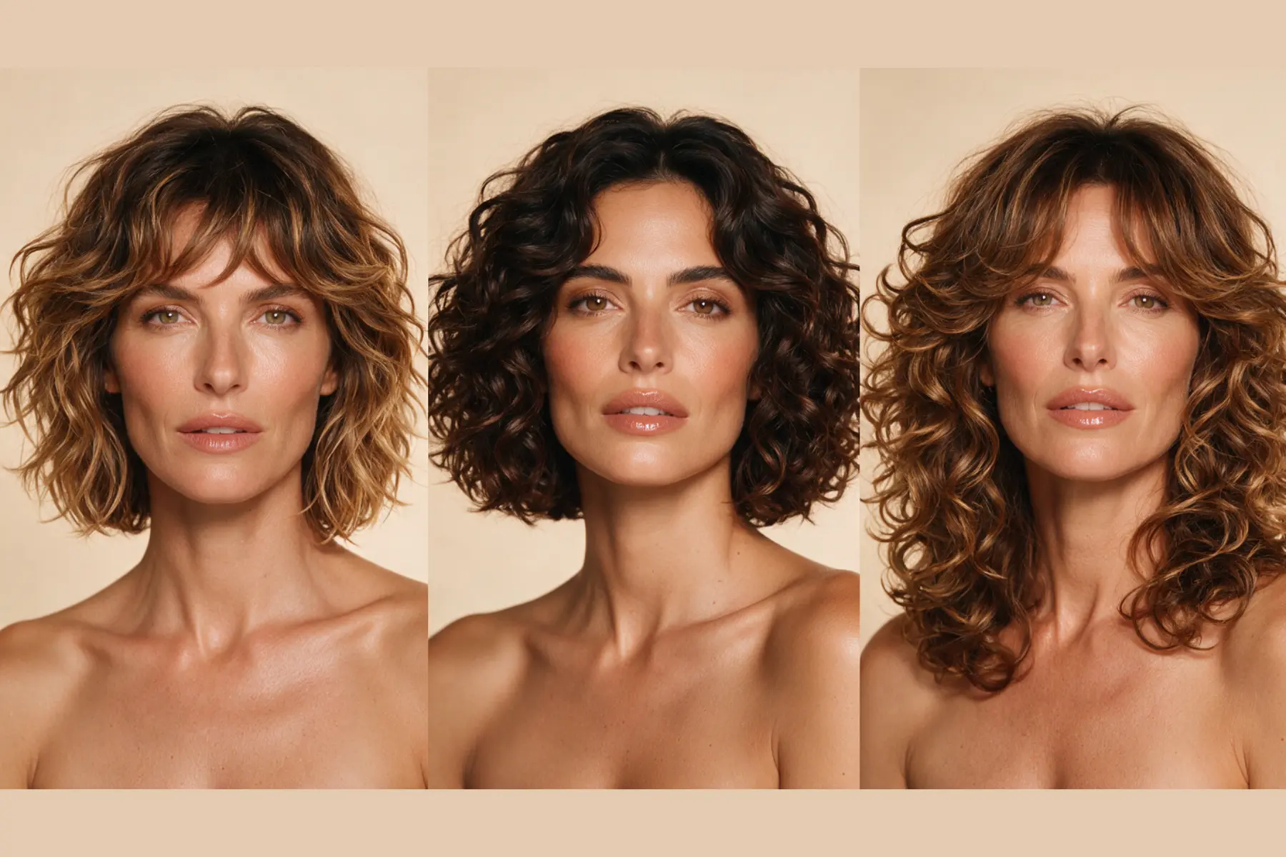 Cheveux bouclés : les coupes et couleurs qui redonnent du volume 1 Triptyque de portraits beauté présentant trois nuances capillaires sur cheveux bouclés : Burnt Copper, Brun Espresso et Blond Champagne.