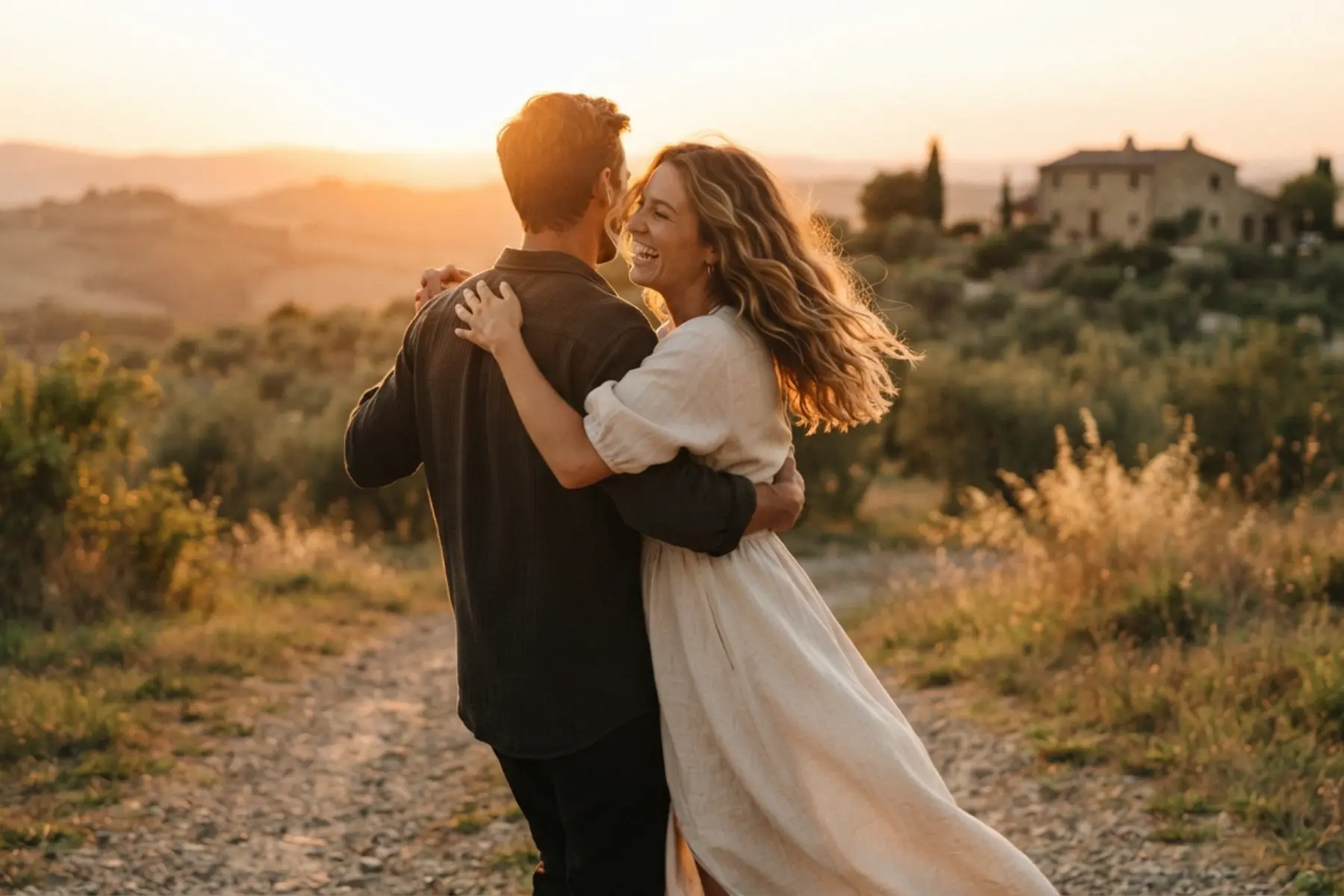 Le couple, une danse qui s'apprend. Comment traverser les années difficiles ? 1 Couple dansant dans une lumière dorée, vue de dos, ambiance intimiste et chaleureuse