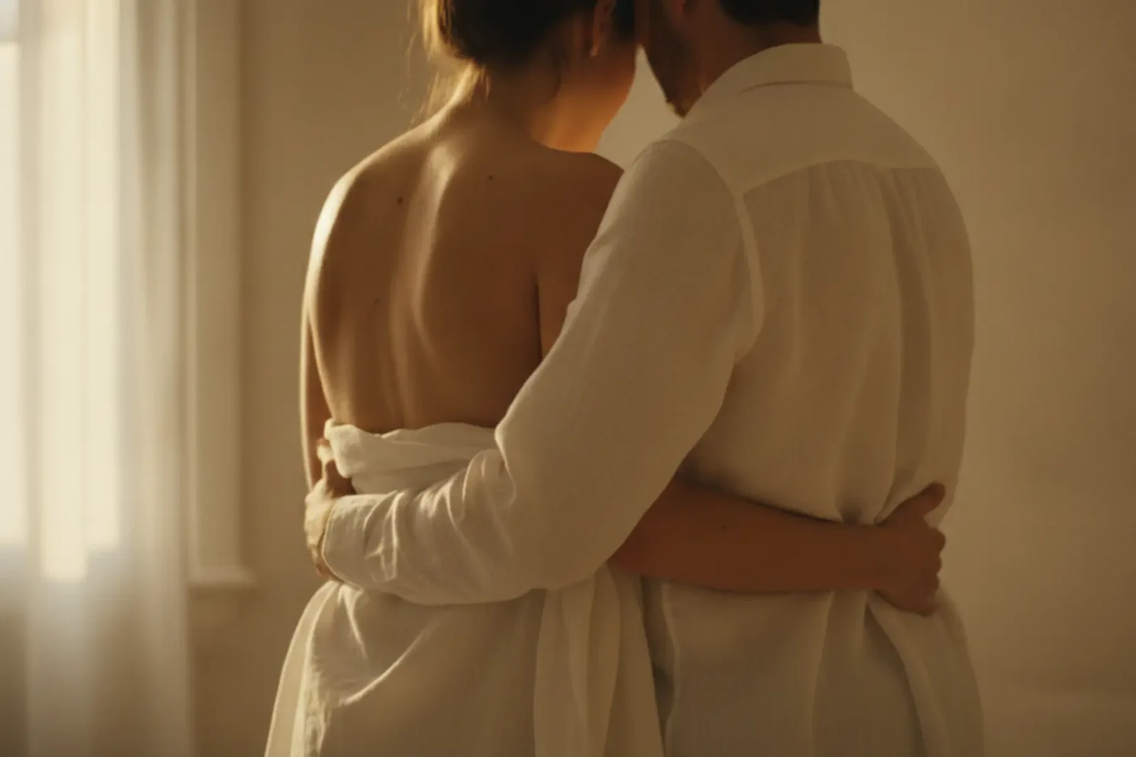 Couple flou vu de dos enlacé dans un drap blanc, lumière dorée tamisée, illustration du slow sex et de l’intimité silencieuse après 50 ans