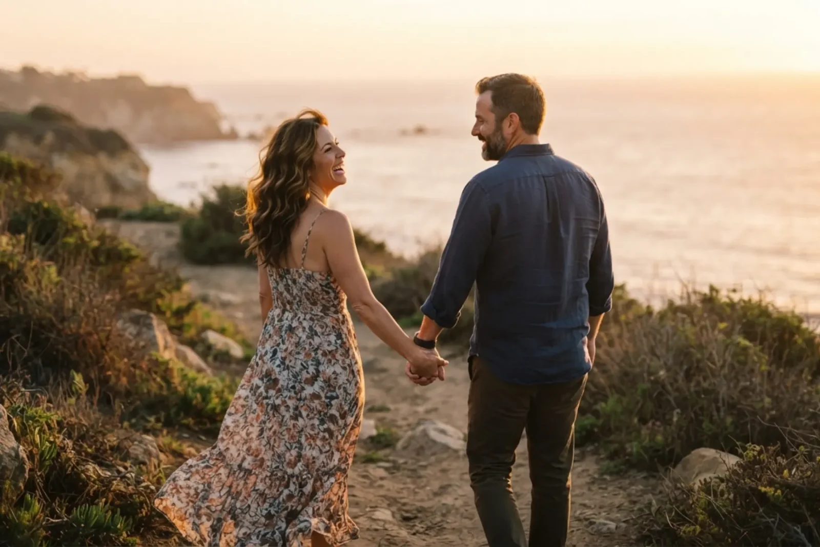 Pour retrouver sa libido, un couple mature marchant main dans la main sur un sentier côtier, lumière dorée du coucher de soleil, ambiance de renouveau