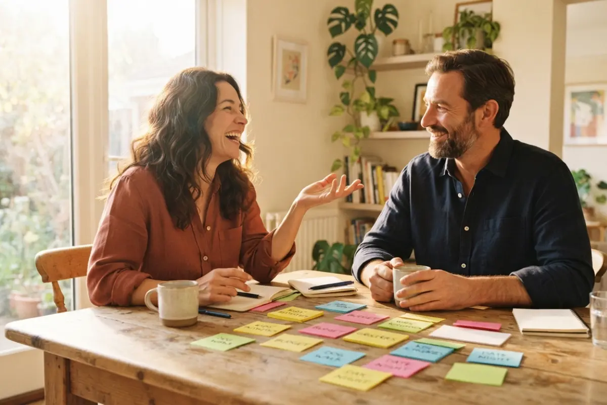 Couple souriant discutant autour d'une table avec des post-its colorés, illustrant la négociation des tâches domestiques et la répartition de la charge mentale