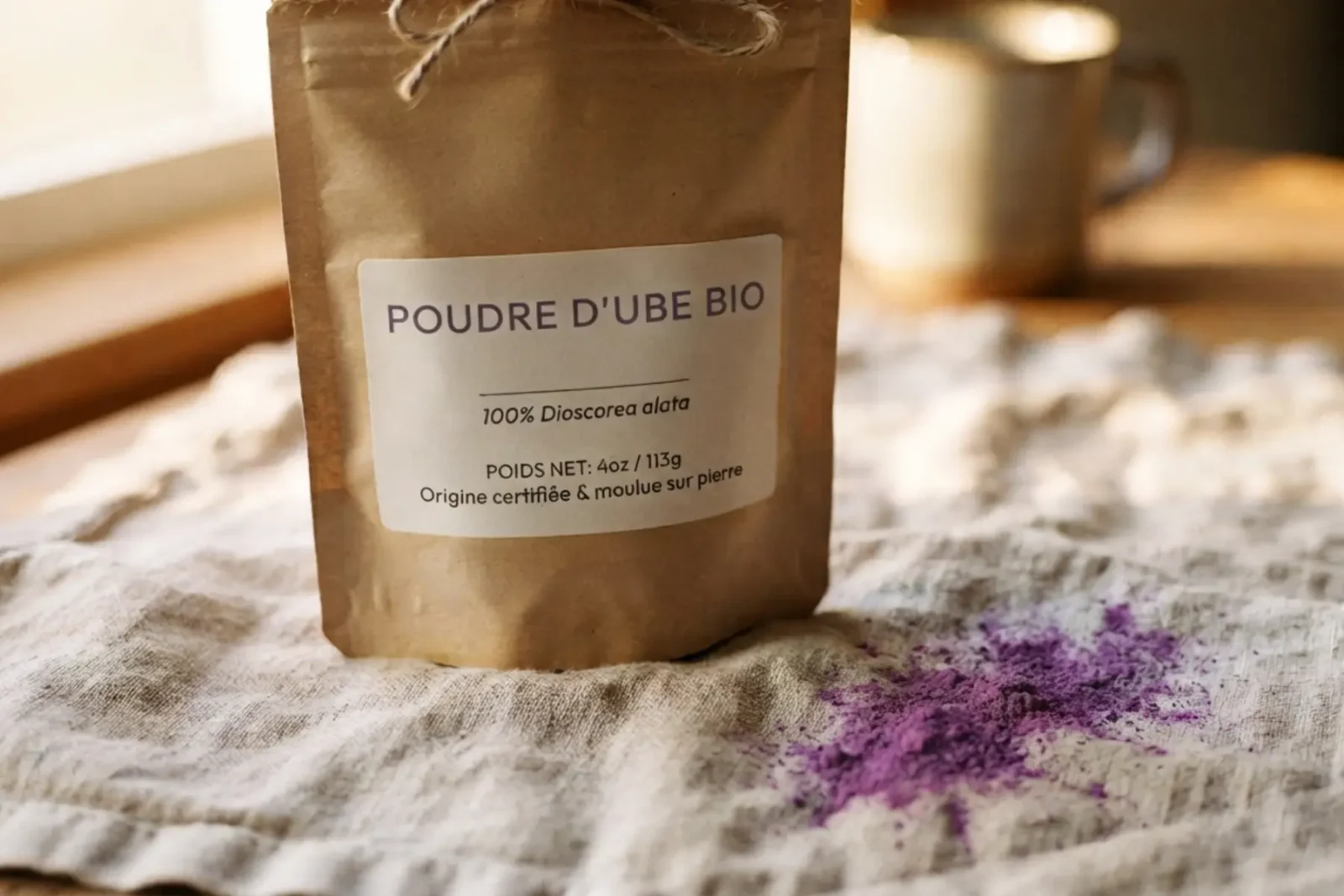 Bien-être : quel est ce superaliment pourpre et sans caféine qui détrône le matcha ? 3 Gros plan sur l'étiquette d'un sachet de poudre d'ube mentionnant 100 % Dioscorea alata, avec un peu de poudre violette renversée sur un linge en lin