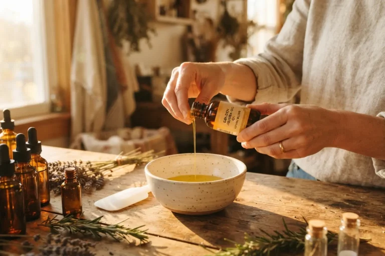 Mains versant de l'huile végétale dans un bol en verre, entourées de flacons ambrés, herbes séchées et spatule — atelier cosmétiques maison