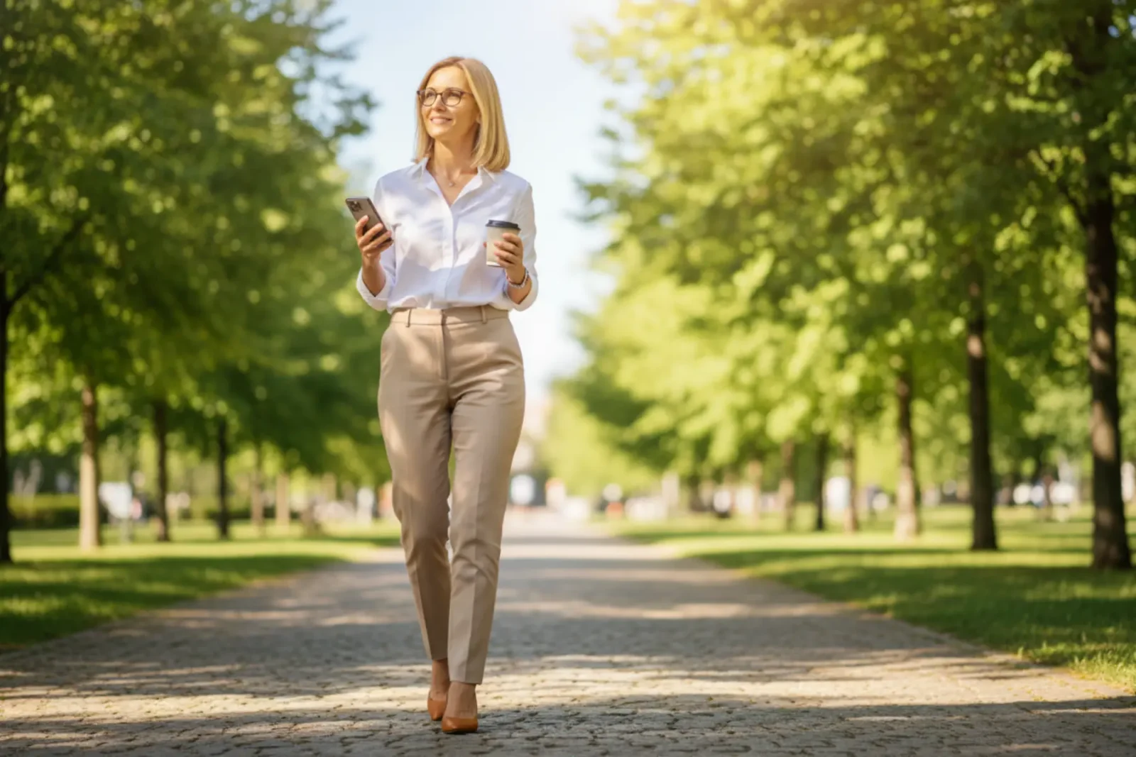 Ambition : femme de la quarantaine blonde en tenue professionnelle élégante se promenant dans un parc verdoyant un jour ensoleillé