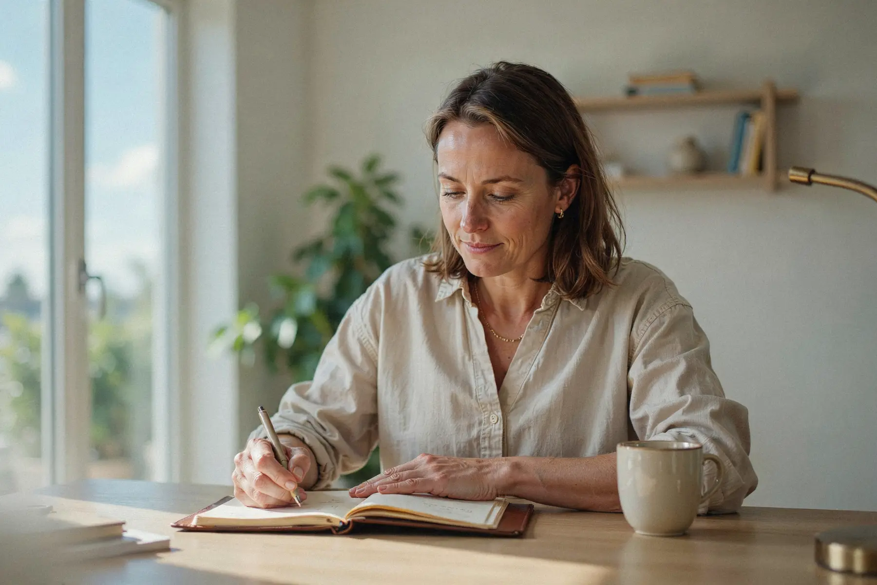 Métiers de femmes : les filières qui payent vraiment après 45 ans 1 Femme de 45 ans planifiant sa reconversion professionnelle, carnet ouvert sur un bureau lumineux, tons beiges et dorés