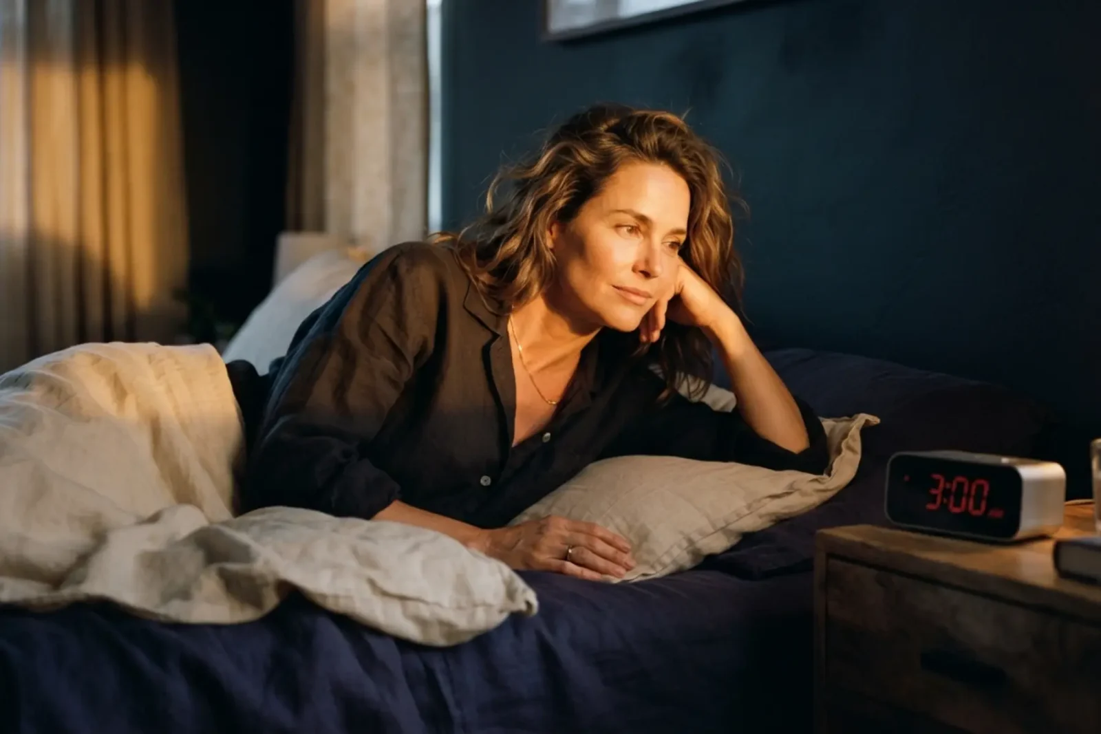Femme de 45 ans éveillée dans son lit à 3h du matin, regardant le réveil, insomnie nocturne
