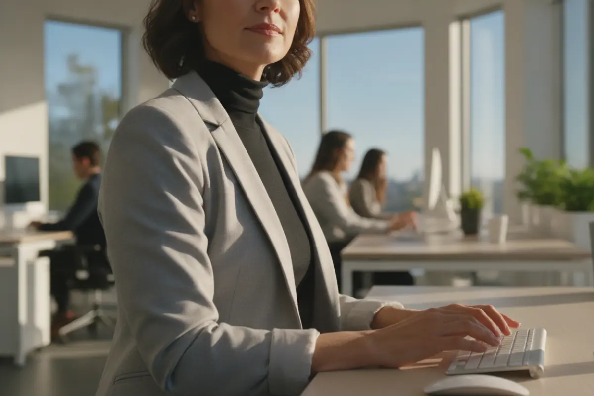 Métiers de femmes : les filières qui payent vraiment après 45 ans 3 Femme de 50 ans en open space moderne, mains sur clavier, tenue professionnelle sobre, lumière naturelle