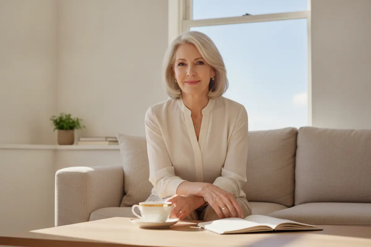 Métiers de femmes : les filières qui payent vraiment après 45 ans 4 Femme de 55 ans souriant calmement, tasse de café et carnet sur une table, intérieur épuré lumineux