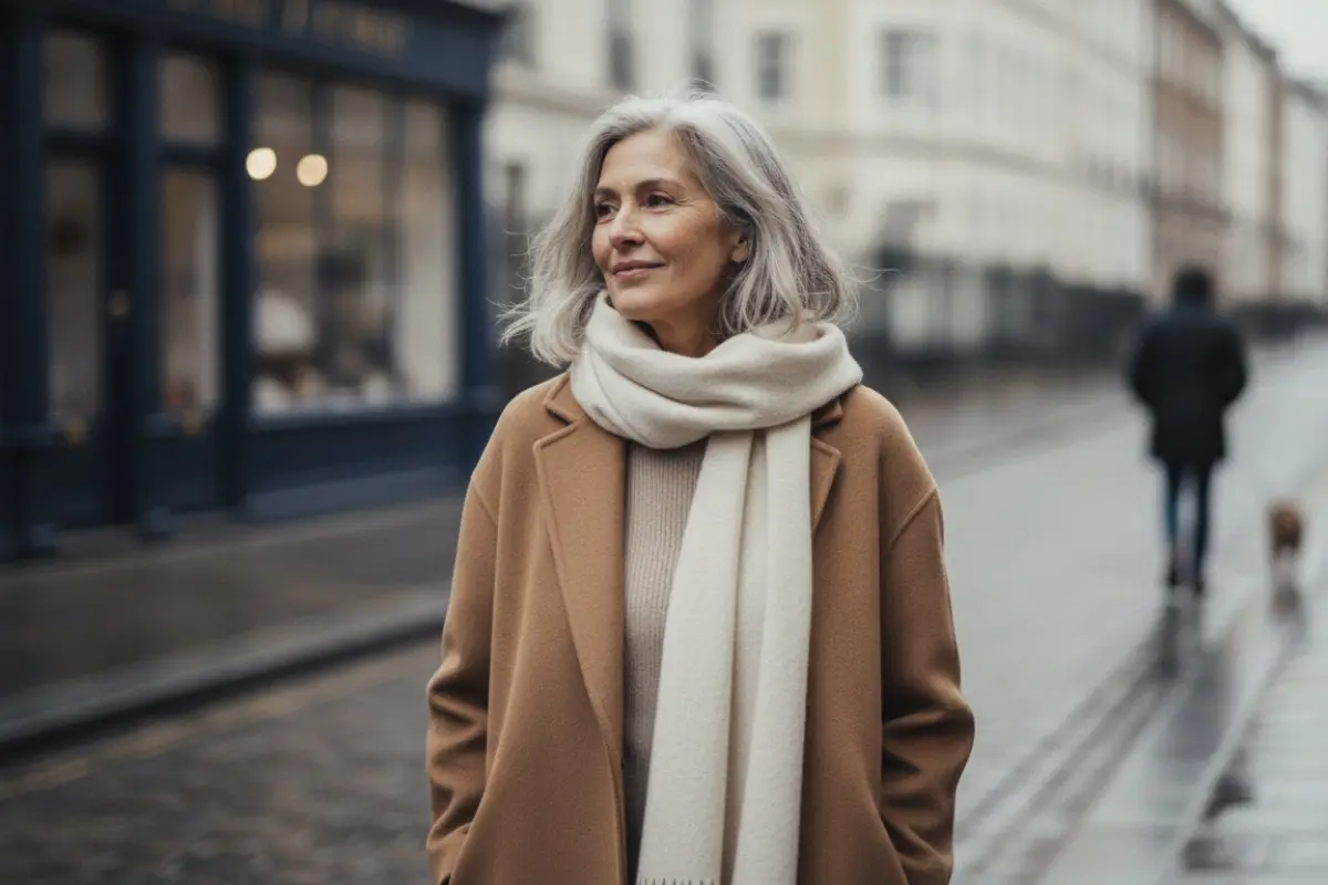 Femme d’une cinquantaine d’années aux cheveux gris marchant souriante dans une rue pavée, élégance décontractée.