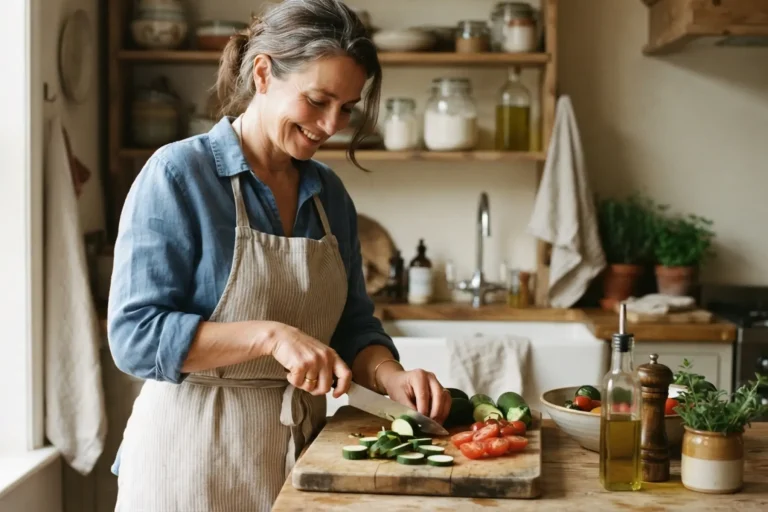Femme de 45 ans coupant des légumes frais dans sa cuisine, alimentation équilibrée et saine pour la périménopause