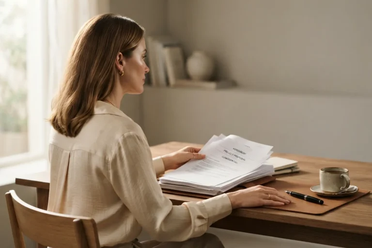 Femme de dos préparant son dossier de divorce, stylo et papiers sur une table lumineuse, ambiance calme et décisionnelle
