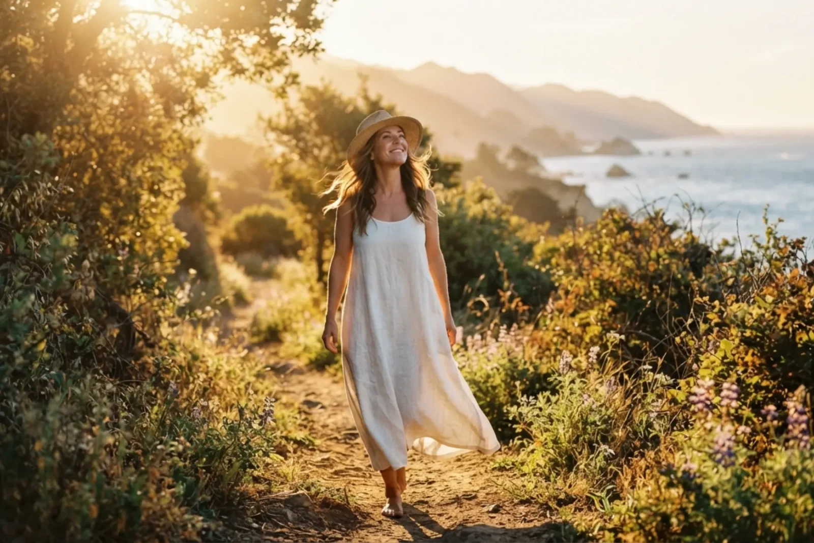 Se sentir invisible : comment reprendre confiance quand la société vous efface 4 Femme marchant dans la nature sourire apaisé, lumière dorée du coucher de soleil à travers les arbres, reconnexion à soi après 40 ans